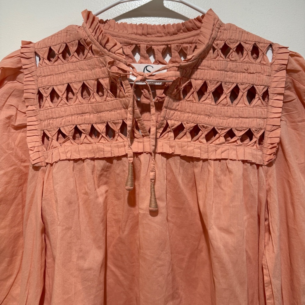 Self Contrast Anthropologie Puff-Sleeve Cotton‎ Blouse S Small Peach Coral Boho - Picture 9 of 12